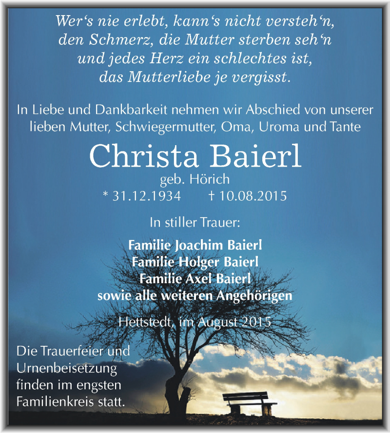  Traueranzeige für Christa Baierl vom 19.08.2015 aus Wochenspiegel Mansfelder Land