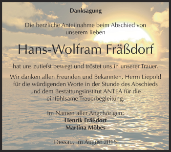 Traueranzeige von Hans-Wolfram Fräßdorf von WVG - Wochenspiegel Dessau / Köthen