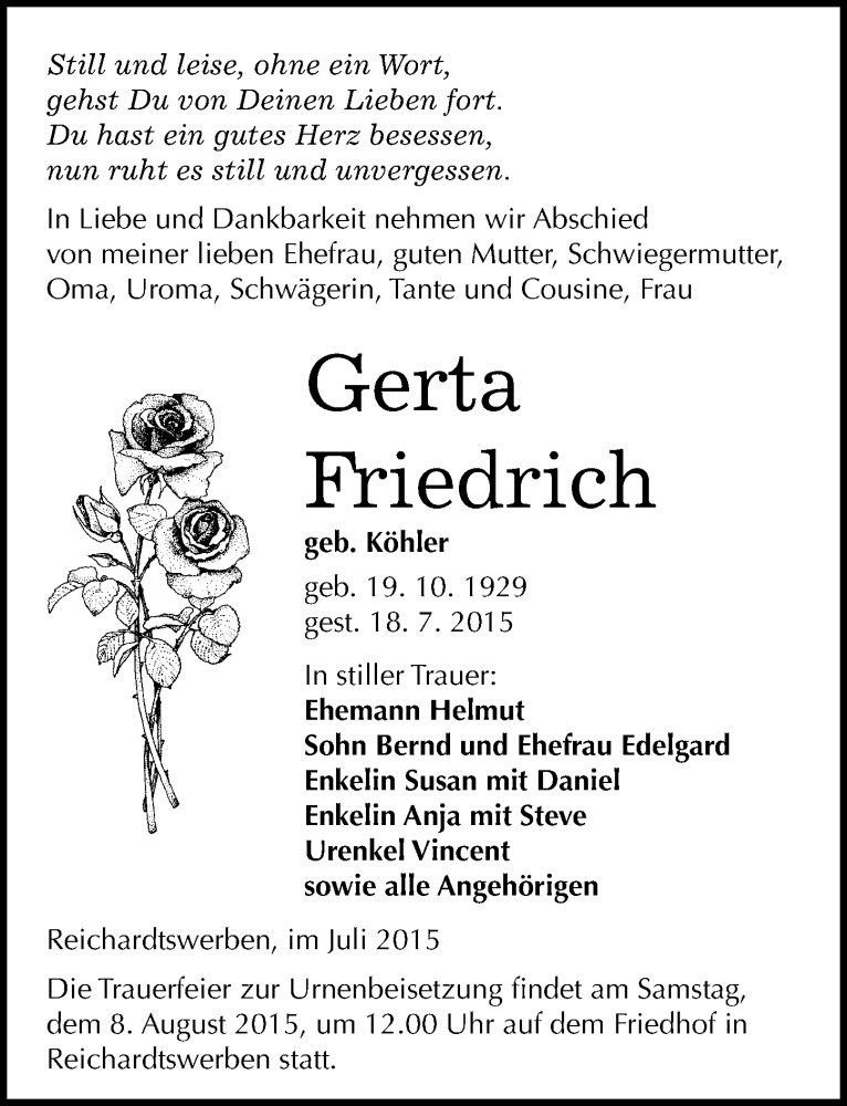  Traueranzeige für Gerta Friedrich vom 01.08.2015 aus Mitteldeutsche Zeitung Weißenfels