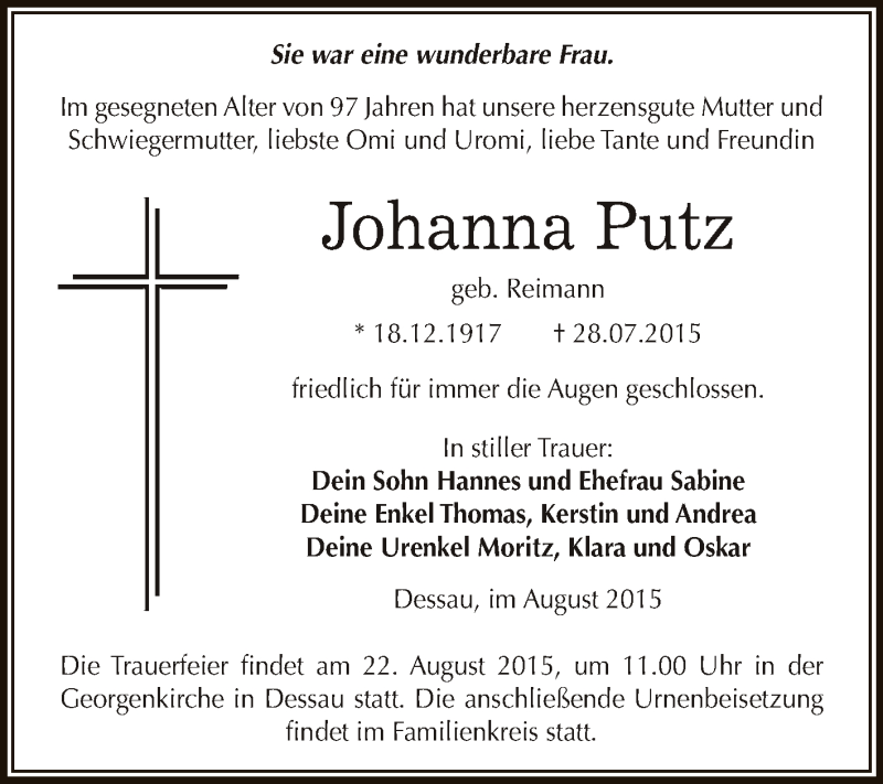  Traueranzeige für Johanna Putz vom 08.08.2015 aus WVG - Wochenspiegel Dessau / Köthen