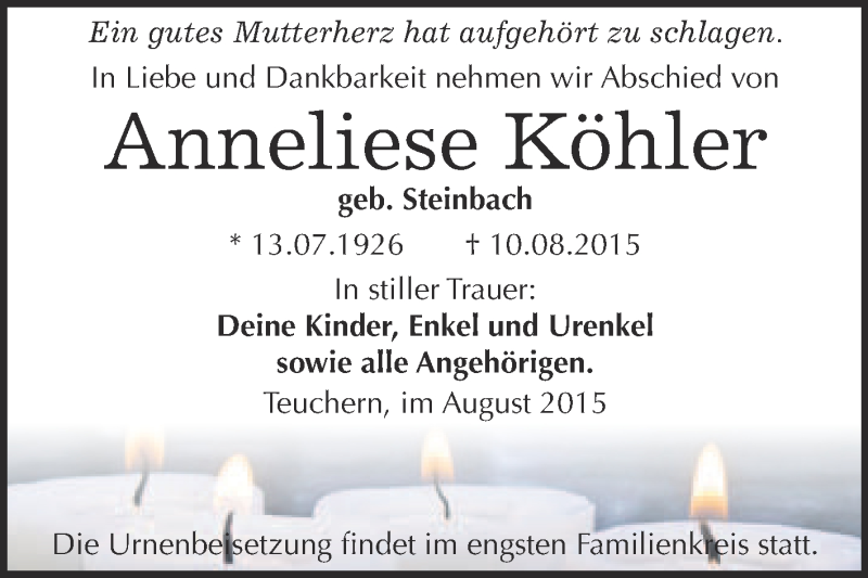  Traueranzeige für Anneliese Köhler vom 19.08.2015 aus WVG - Wochenspiegel NMB / WSF / ZTZ
