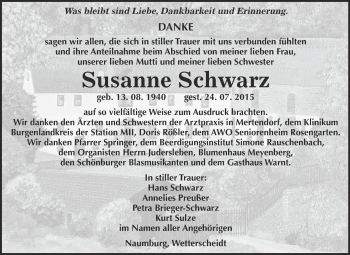 Traueranzeige von Susanne Schwarz von WVG - Wochenspiegel NMB / WSF / ZTZ