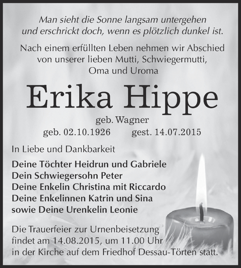  Traueranzeige für Erika Hippe vom 05.08.2015 aus WVG - Wochenspiegel Dessau / Köthen