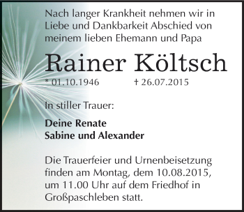 Traueranzeige von Rainer Költsch von Mitteldeutsche Zeitung Köthen