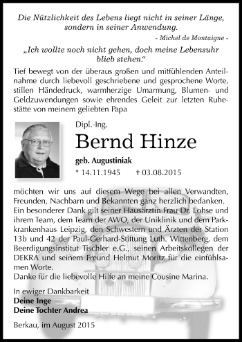 Traueranzeige von Bernd Hinze von Mitteldeutsche Zeitung Wittenberg