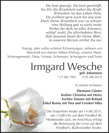 Traueranzeige von Irmgard Wesche von WVG - Wochenspiegel Dessau / Köthen