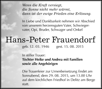 Traueranzeige von Hans-Peter Frauendorf von Mitteldeutsche Zeitung Merseburg/Querfurt