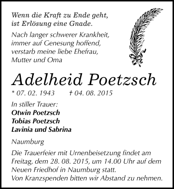 Traueranzeige von Adelheid Poetzsch von Mitteldeutsche Zeitung Naumburg/Nebra