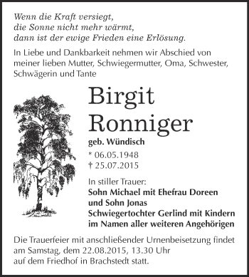 Traueranzeige von Birgit Ronniger von WVG - Wochenspiegel Bitterfeld