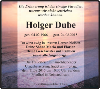 Traueranzeige von Holger Dube von Super Sonntag Quedlinburg