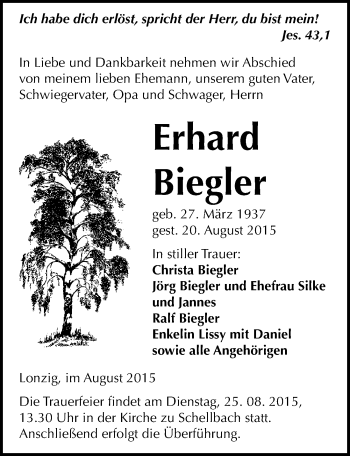 Traueranzeige von Erhard Biegler von Mitteldeutsche Zeitung Zeitz
