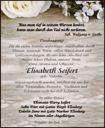 Traueranzeige von Elisabeth Seifert von Super Sonntag Zeitz