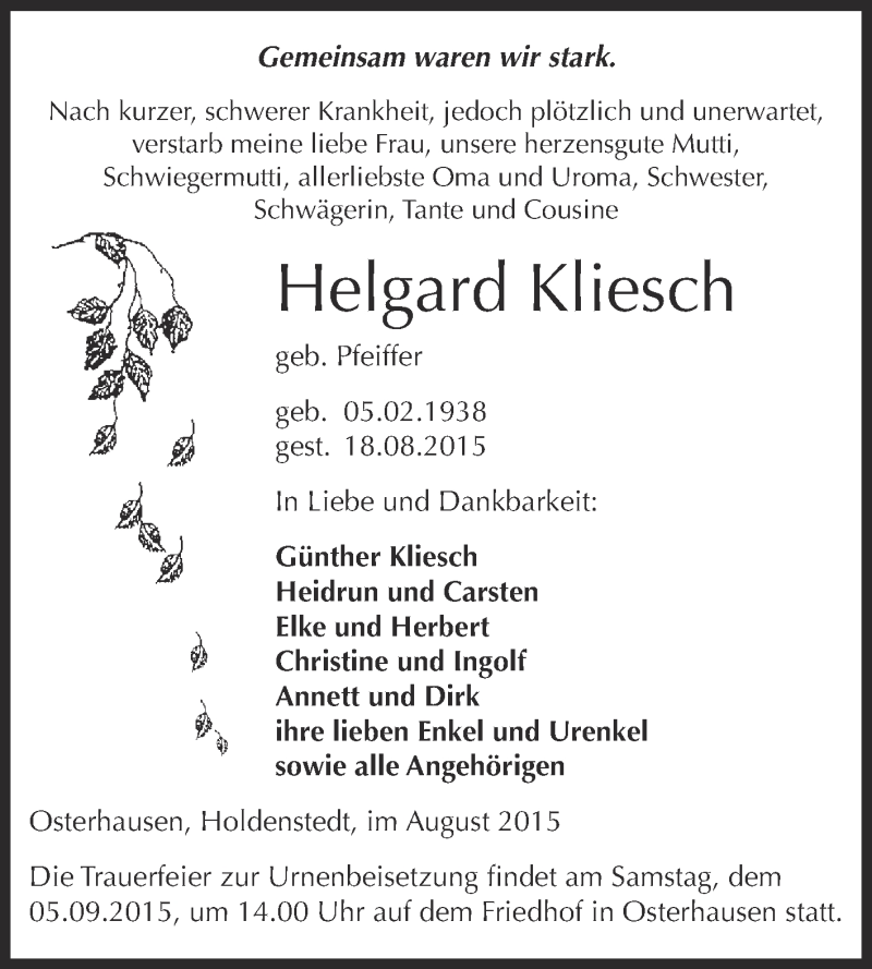  Traueranzeige für Helgard Kliesch vom 26.08.2015 aus WVG - Wochenspiegel SGH