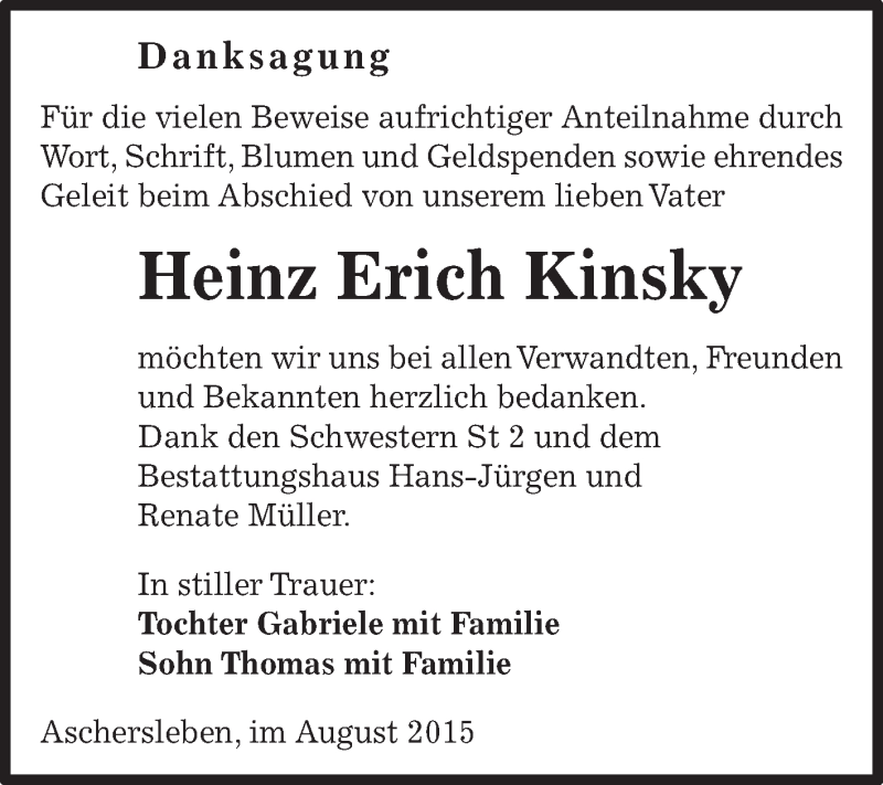  Traueranzeige für Heinz Erich Kinsky vom 01.08.2015 aus Super Sonntag Aschersleben