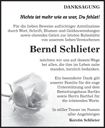 Traueranzeige von Bernd Schlieter von WVG - Wochenspiegel Dessau / Köthen