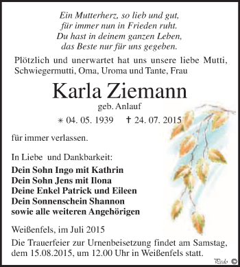 Traueranzeige von Karla Ziemann von WVG - Wochenspiegel NMB / WSF / ZTZ