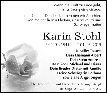 Traueranzeige von Karin Stohl von Mitteldeutsche Zeitung Bitterfeld