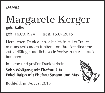 Traueranzeige von Margarete Kerger von WVG - Wochenspiegel NMB / WSF / ZTZ