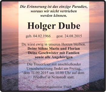 Traueranzeige von Holger Dube von Mitteldeutsche Zeitung Quedlinburg