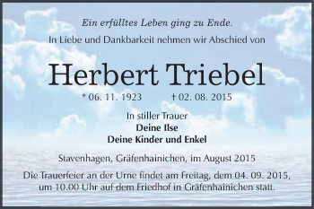 Traueranzeige von Herbert Triebel von WVG - Wochenspiegel Wittenberg