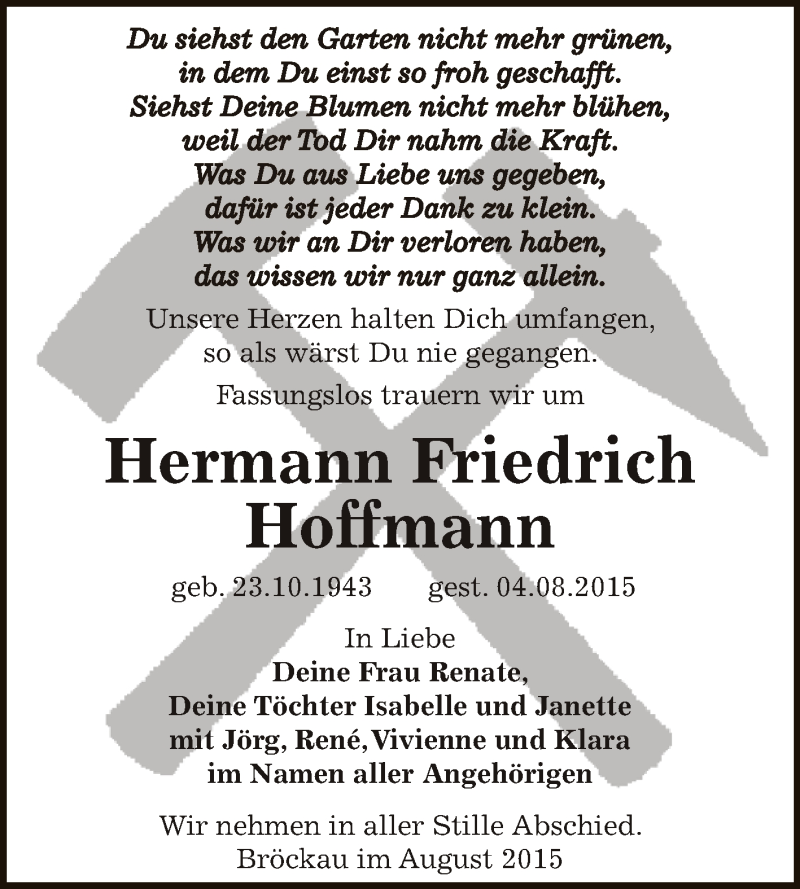  Traueranzeige für Hermann Friedrich Hoffmann vom 15.08.2015 aus Super Sonntag Zeitz