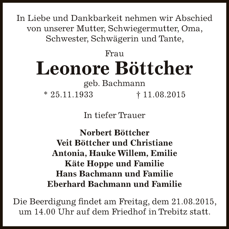  Traueranzeige für Leonore Böttcher vom 15.08.2015 aus Super Sonntag Bernburg