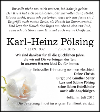 Traueranzeige von Karl-Heinz Pölsing von Wochenspiegel Mansfelder Land