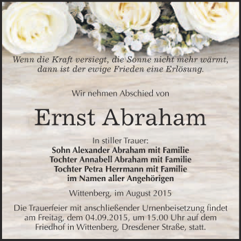Traueranzeige von Ernst Abraham von WVG - Wochenspiegel Wittenberg