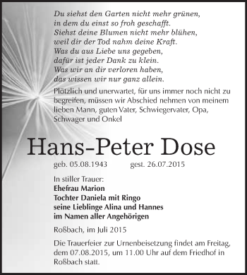 Traueranzeige von Hans-Peter Dose von WVG - Wochenspiegel Merseburg