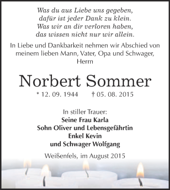 Traueranzeige von Norbert Sommer von Super Sonntag Merseburg