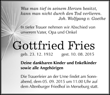 Traueranzeige von Gottfried Fries von Mitteldeutsche Zeitung Merseburg/Querfurt
