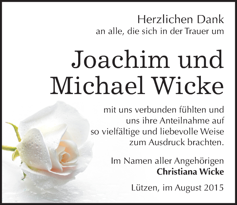  Traueranzeige für Joachim Wicke vom 08.08.2015 aus Mitteldeutsche Zeitung Weißenfels