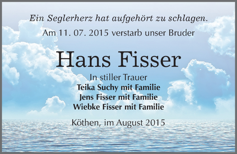  Traueranzeige für Hans Fisser vom 08.08.2015 aus Mitteldeutsche Zeitung Köthen
