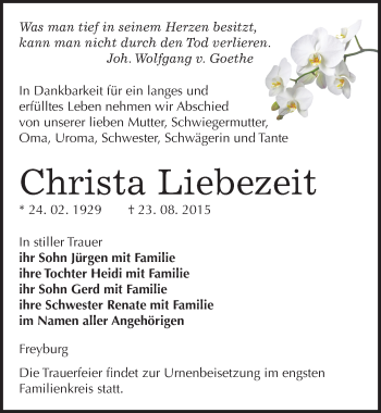 Traueranzeige von Christa Liebezeit von Mitteldeutsche Zeitung Naumburg/Nebra