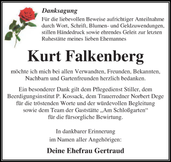 Traueranzeige von Kurt Falkenberg von WVG - Wochenspiegel Dessau / Köthen