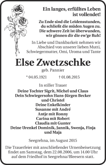 Traueranzeige von Else Zwetzschke von WVG - Wochenspiegel Wittenberg