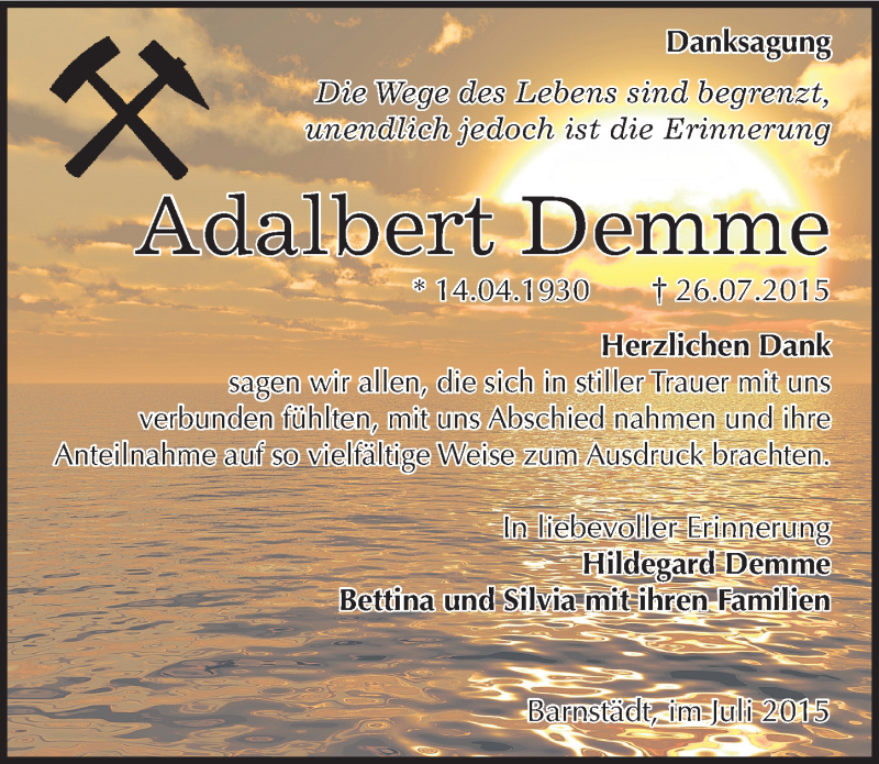  Traueranzeige für Adalbert Demme vom 22.08.2015 aus Mitteldeutsche Zeitung Merseburg/Querfurt