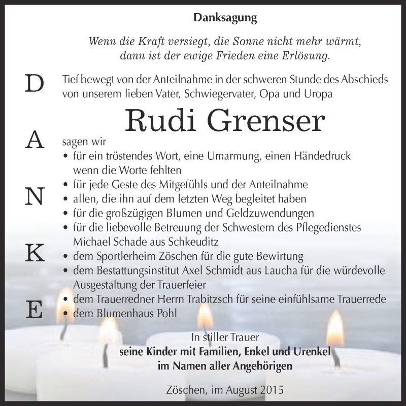  Traueranzeige für Rudi Grenser vom 15.08.2015 aus WVG - Wochenspiegel Merseburg
