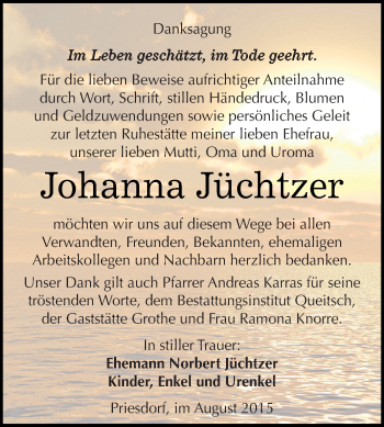 Traueranzeige von Johanna Jüchtzer von WVG - Wochenspiegel Dessau / Köthen