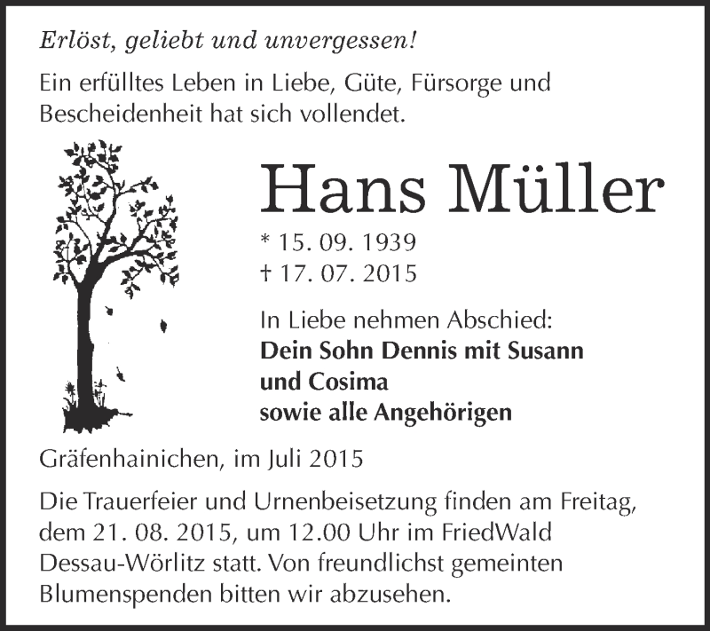  Traueranzeige für Hans Müller vom 01.08.2015 aus WVG - Wochenspiegel Wittenberg
