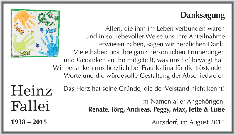  Traueranzeige für Heinz Fallei vom 14.08.2015 aus Mitteldeutsche Zeitung Mansfelder Land