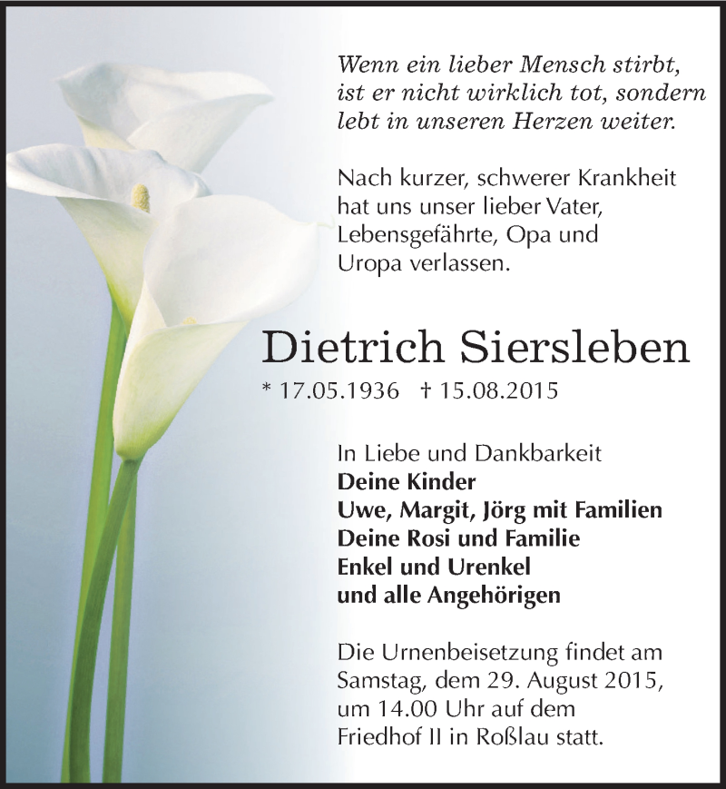  Traueranzeige für Dietrich Siersleben vom 22.08.2015 aus Mitteldeutsche Zeitung Dessau-Roßlau
