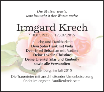 Traueranzeige von Irmgard Krech von Super Sonntag Wittenberg
