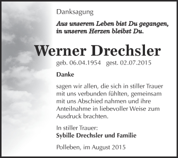 Traueranzeige von Werner Drechsler von WVG - Wochenspiegel SGH