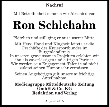 Traueranzeige von Ron Schlehahn von Mitteldeutsche Zeitung