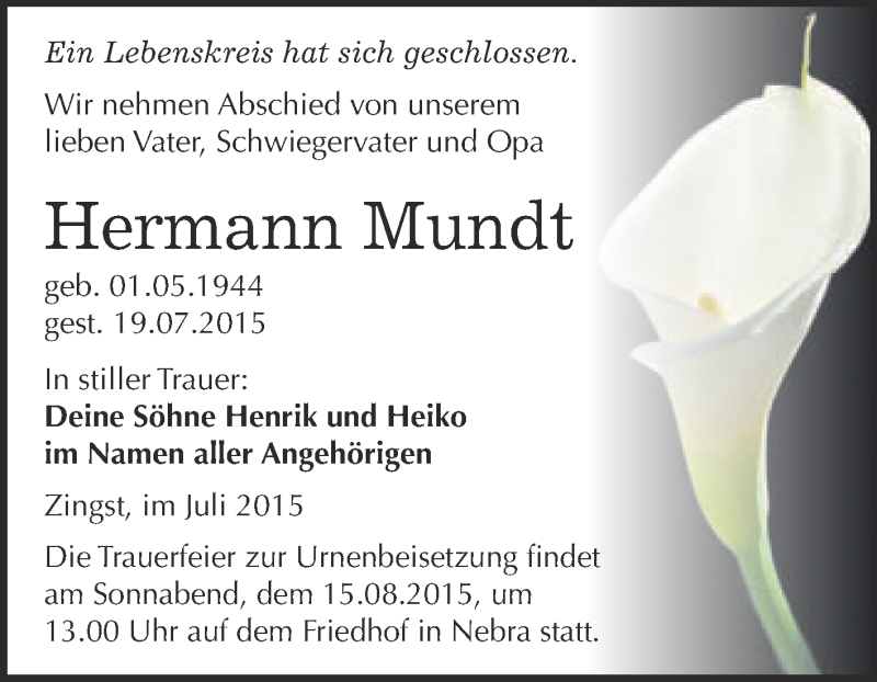  Traueranzeige für Hermann Mundt vom 05.08.2015 aus WVG - Wochenspiegel NMB / WSF / ZTZ