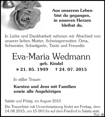 Traueranzeige von Eva-Maria Wedmann von Super Sonntag Zeitz