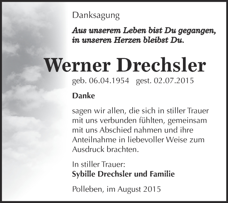  Traueranzeige für Werner Drechsler vom 12.08.2015 aus WVG - Wochenspiegel SGH