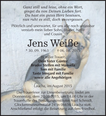 Traueranzeige von Jens Weiße von Mitteldeutsche Zeitung Naumburg/Nebra