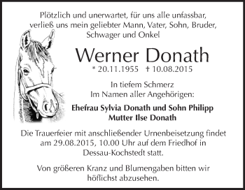 Traueranzeige von Werner Donath von WVG - Wochenspiegel Dessau / Köthen